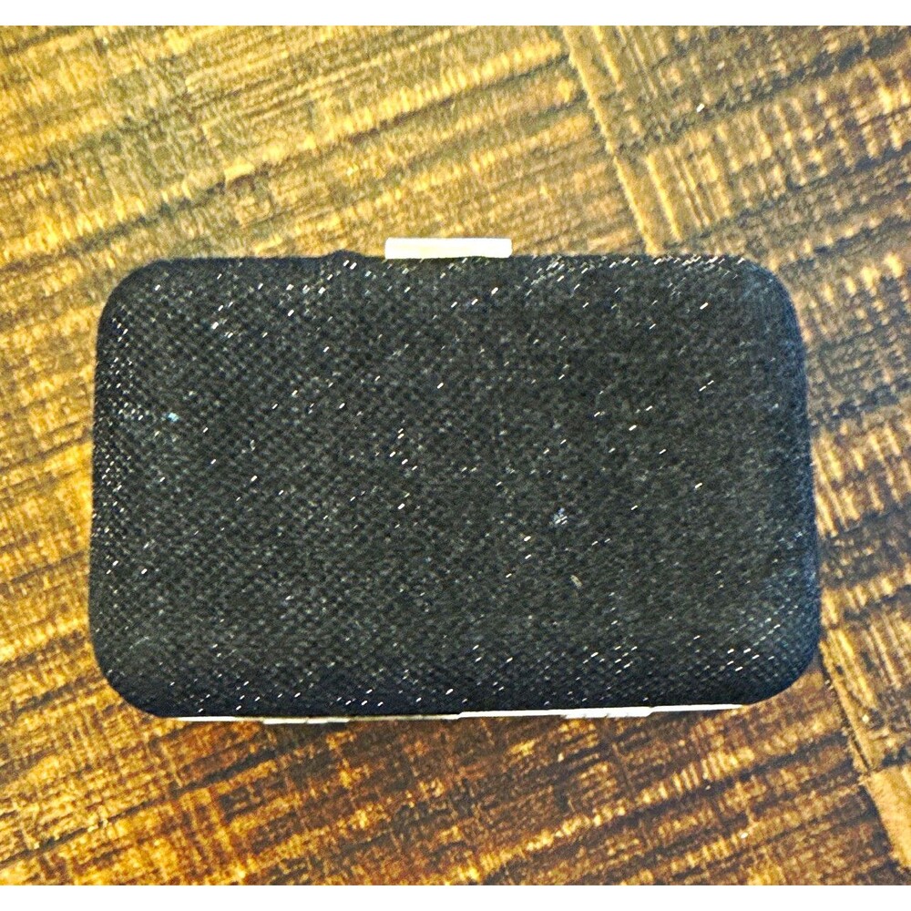 Gunne Sax Black Glitter Knit Clutch Purse Silver Chain Strap Clasp Small